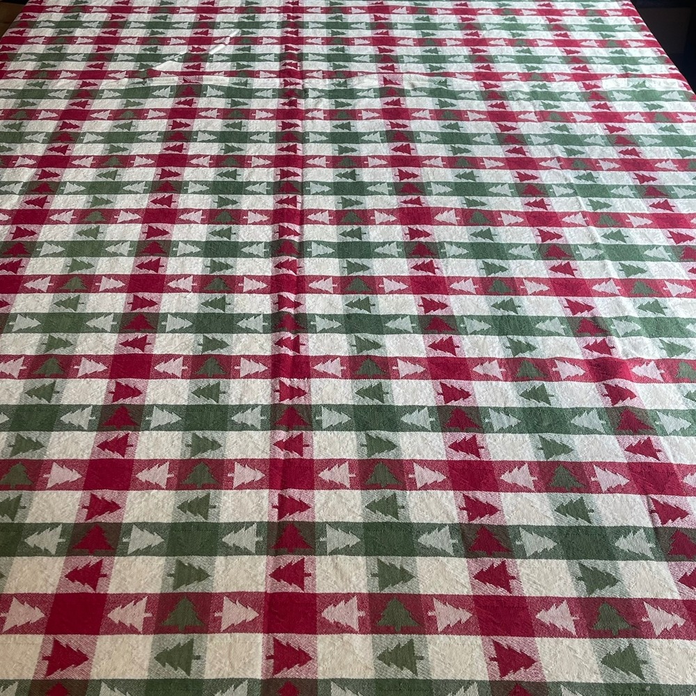 Vintage Christmas Tree Plaid Cotton Tablecloth Red Green Fringe 60x102 India